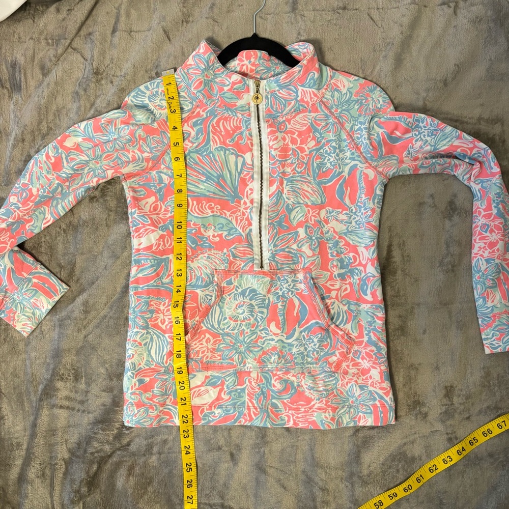 Lilly Pulitzer Coral & Aqua Floral Half-Zip Pullover Palm Tree Zip Detail Sz XS - Picture 6 of 8